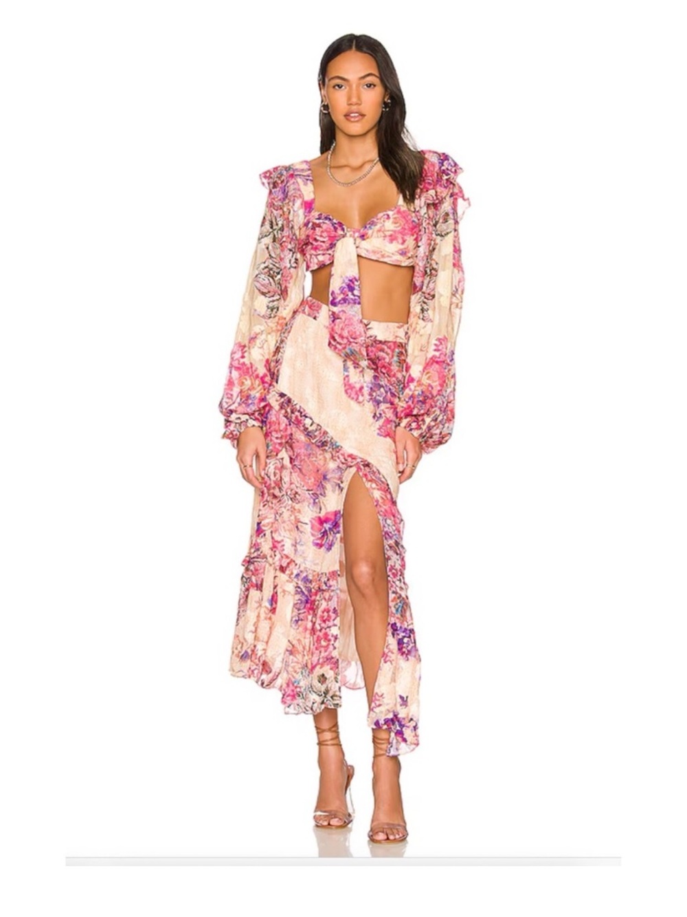 Hemant & Nandita pink floral Leah skirt with slit sz medium long maxi NWOT